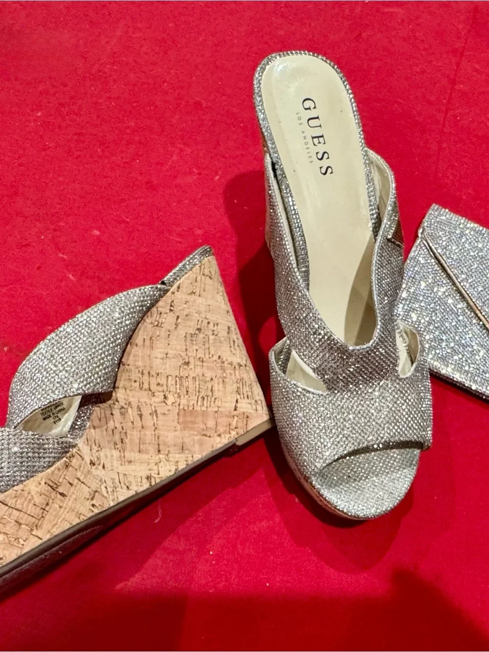 GUESS Silver Glitter Slingback Mules with Matching Clutch
